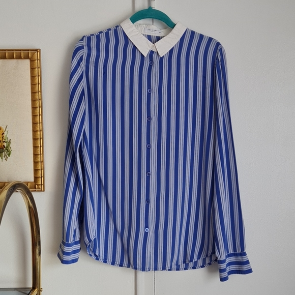 Equipment Tops - Equipment Blue Stripe Silk Button-down long sleeve